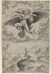 Voldtægten af Ganymedes af Jupiter i skikkelse af en ørn, der bærer ham ind i himlen, hej..., 1542.