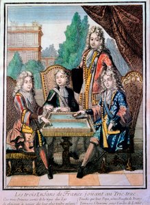 Børnebørnene af Ludvig XIV (1638-1715), Ludvig hertug af Bourgogne (d. 1712), Philippe, hertug af Anjou (1683-1746), og Charles, hertug af Berry med deres far, Ludvig (d. 1711), delfin af Frankrig, spiller tric trac (Trictrac eller Trictrac: forfader til b