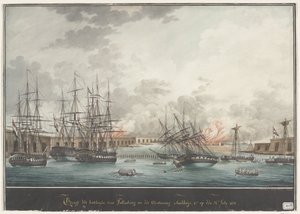 Udsigt over batterierne til Palembang efter sejren om eftermiddagen - kl. 12.00. den 24. juli 1821 (titel på objekt) af Nicolas Cammillieri