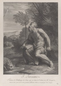 Sankt Hieronymus sidder ved et træ og kigger op på et krucifiks, en løve drikker vand fra en bane..., 1728 af Nicolas Chateau