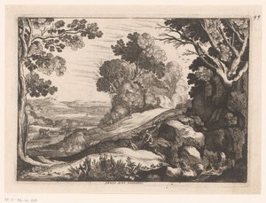 Bakket landskab med to gedehyrder Idealiserede landskaber (serietitel) af Nicolas Cochin (attributed to)