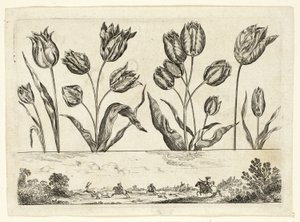 Blomster og jagtscene, fra Livre Nouveau de Fleurs... af Nicolas Cochin