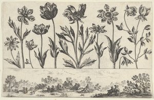 Vandret panel med en række blomster over en frise med figurer i et landskab, fra Li..., 1645.