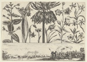 Vandret panel med en række blomster over en frise med en kampscene i et landskab, ..., 1645.