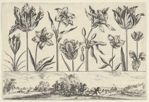 Vandret panel med en række blomster over en frise med en kampscene i et landskab, ..., 1645. af Nicolas Cochin