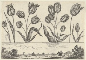Vandret panel med en række blomster over en frise med en jagtscene i et landskab,..., 1645. af Nicolas Cochin