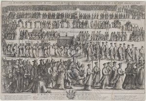 Processionen af St. Genevieves kiste, med gejstlige og lægmænd, der marcherer i seks rækker..., 1652.