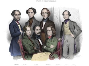 Galerie de la Gazette musicale N. 2. Berømtheder i 1842: Frederic Chopin (1810-1849) Franz Liszt (1811-1886), Jacob (Jakob, Jacques) Rosenhain, Edouard Wolff, Sigismund Thalberg, Adolf von Henselt, Theodor (Theodore) Dohler (1814-1856). Stik af Nicolas