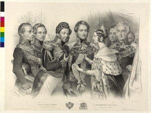 Dronning Victoria af England overrækker kong Louis Philipp af Frankrig strømpebåndsordenen