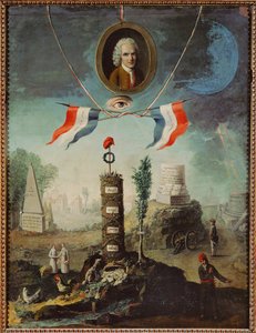 Allegori over den franske revolution med et portræt af Jean-Jacques Rousseau og en jakobinsk frygisk kyse ...