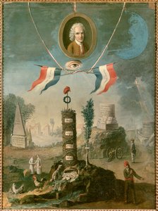 Revolutionær allegori: Portræt af Jean Jacques Rousseau, schweizisk filosof (1712-1778), med symboler på revolution. Maleri af Nicolas Henri Jeaurat De Bertry (1728- ap. 1796)