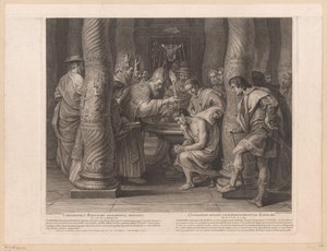 Kejser Konstantins dåb af pave Silvester I Constantinus baptismo solemniter initiatus / Constantin reçoit solemnelllement le baptème (titel på objektet) Historien om kejser Konstantin den Store (serietitel)
