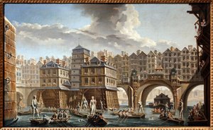 Prammændenes dyst mellem Notre Dame-broen og Pont au Change af Nicolas and Jean Baptiste Raguenet