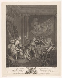 En violinist og to unge kvinder i et interiør, en siddende mand ser på Le Chemin de la Fortune (titel på objekt) af Nicolas Joseph Voyez