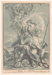 Diana som Endymion Diana og Endimion (titel på objekt) Cabinet Crozat (serietitel) Samling af tryk fra de smukkeste malerier og fra de smukkeste designs, der er i Frankrig (serietitel) af Nicolas LeSueur