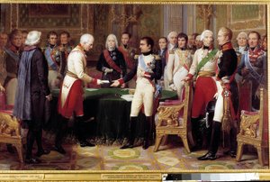 Interviewet af Erfurt, 27. september - 14. oktober 1808: Napoleon I modtager Baron Vincent, en østrigsk diplomat og sendt fra kejseren af Østrig. I midten mellem de to karakterer ser vi Charles Maurice fra Talleyrand Perigord (1754-1838). Smerte