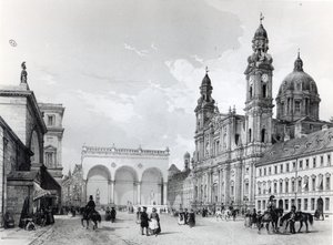 Royal Palace, Hall of Marshals og Theatines Church i München, første halvdel af det nittende århundrede af Nicolas Marie Joseph Chapuy