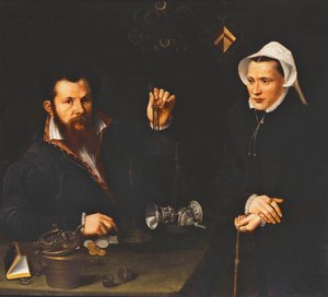 Portræt af en essaimester og hans kone, halv længde, ca. 1561-7