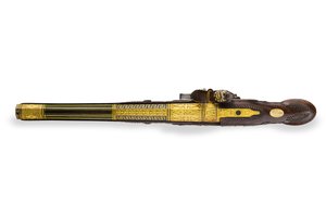 En af et par sølvmonterede riflede flintlåspistoler, Versailles, 1825
