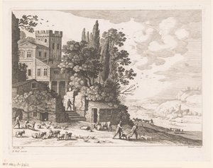 Landskab med hus, figurer og kvæg af Nicolas Perelle