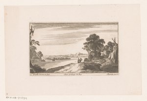 Flodlandskab med vandrepar Flodlandskaber med bygninger (serietitel) af Nicolas Perelle