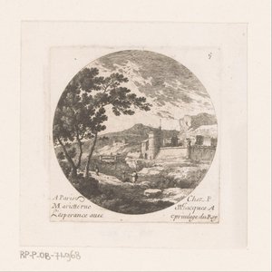 Befæstet by og figurer ved træ af Nicolas Perelle