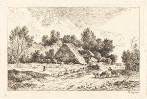 Et lavt sommerhus med en hyrde, der leder sin flok