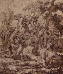 Et skovklædt landskab med en flodgud og Putti (pen og blæk) af Nicolas Poussin