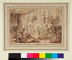 Antik Sacrifice in a Temple (pen og brunt blæk og brun vask over rødt kridt) af Nicolas Poussin