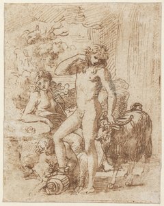 Bacchus og Erigone (pen og blæk med vask på papir) af Nicolas Poussin