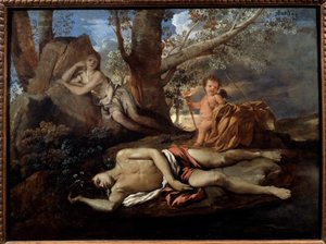 Ekko og Narcissus illustration til legenden, der inspirerede Ovide i "" Les Metamorphoses"" Maleri af Nicolas Poussin (1594-1665) 1600-tallet Sun. 0,74x1 m Paris, af Nicolas Poussin