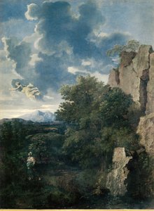 Landskab med Hagar og englen (maleri på lærred) af Nicolas Poussin
