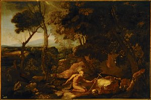 Landskab med Sankt Hieronymus ... (maleri på lærred) af Nicolas Poussin