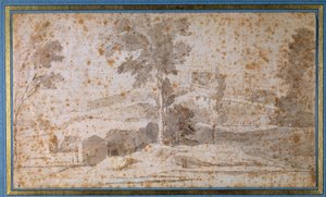 Landskab med et stort træ i midten og en belvedere af Nicolas Poussin