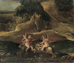 Putti kæmper på geder af Nicolas Poussin