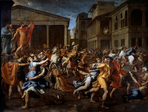 Romernes fjernelse af sabinerne. Romulus til venstre observerer scenen. Maleri af Nicolas Poussin af Nicolas Poussin