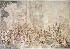 Davids triumf, der bringer hovedet af Goliath tilbage. Tegning af Nicolas Poussin af Nicolas Poussin