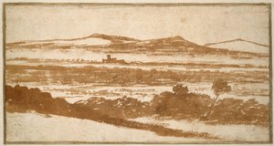 Udsigt over en dal mod fjerne bakker (pensel og rødbrun vask, på hvidt papir, lagt på hvidt karton) af Nicolas Poussin