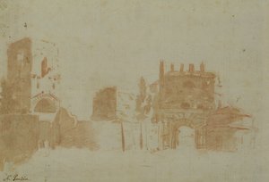 Udsigt over Rom (sepia vask på papir) af Nicolas Poussin