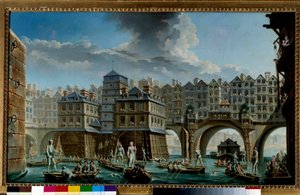 Sømandsspillet mellem Pont Notre-Dame og Pont-au-Change Et nautisk spil på Seinen i Paris. Maleri af Nicolas Jean Baptiste Raguenet (1715-1793) 1756 Paris, Musee Carnavalet