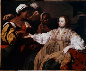 Spåkonen En kvinde kom for at konsultere en palmisist. Maleri af Nicolas Regnier (1591-1667) søn. 1,2x1,5 m af Nicolas Regnier
