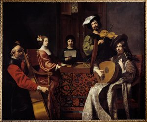 Barokmusik: "" Koncerten""" Musikere, der spiller strengeinstrumenter. Maleri af Nicolas Tournier (1590-1657) 1600-tallet søn. 1,88x2,26 m