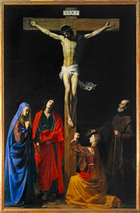 Kristus på korset, Jomfru Maria, Magdalene, Sankt Johannes og Sankt Frans af Paola - Kristus på korset, Jomfru Maria, de hellige Maria Magdalena ... af Nicolas Tournier