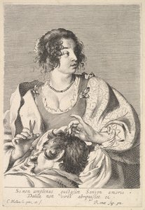 Delila forbereder sig på at klippe Samsons hår med en saks i højre hånd, under hendes bryst..., ca. 1629. af Nicolas Viennot