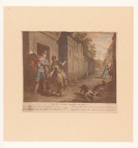Straat Gezicht met man met boek Eller tænk aldrig på alt (titel på objekt) Fabels van Jean de La Fontaine (serietitel) Suite med nye tryk til fortællingerne om La Fontaine (serietitel) af Nicolas de Larmessin (III)