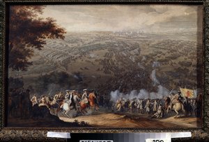 Slaget ved Poltava den 27. juni 1709. Slaget satte Carl XII af Sveriges svenske hær op mod den russiske tsar Peter den Stores hær under Den Store Nordiske Krig (1700 til 1721). Maleri af Nico