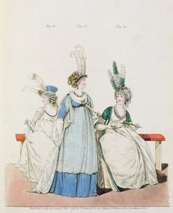 Aftenkjoler til opera og koncerter, fig. 96, 97 og 98 fra Nikolaus Heideloffs "Galleri af mode", maj 1796 (tryk)