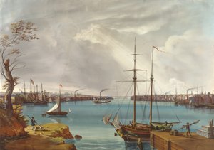 Udsigt over New York, Brooklyn og Navy Yard taget fra Heights nær Williamsburg, ca. 1835-45 (gouache, wc på papir)