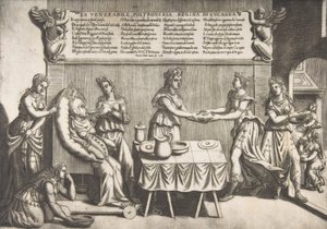 Ærværdige Idleness, Dronning af Cockaigne, en tyk kvinde, der sidder på en bevægelig toiletstol værende..., 1565. af Nicolo Nelli