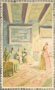 Jenny Lind synger i Weimar for Storhertugens familie og H.C. Andersen. Udkast til freskodekorationer i H.C. Andersen Mindehallen i Odense af Niels Larsen Stevns